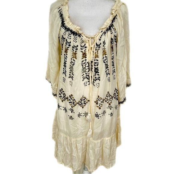 NWT RAGA Antalya Blouse Sugar Cookie Tunic Boho Flowy Tassels Festival Oversized - Picture 2 of 11